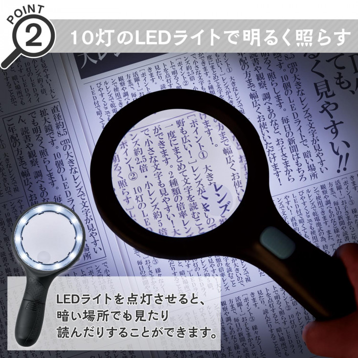 10灯のLEDライト付きだから暗い場所でも見やすい