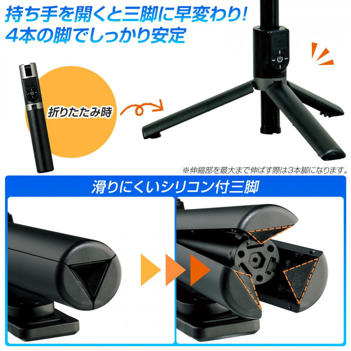 持ち手を開くと三脚に早変わり シリコン付 4本の脚でしっかり固定