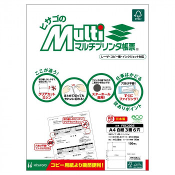 ヒサゴ マルチプリンタ帳票 A4 白紙 3面 6穴 100枚 FSC2005