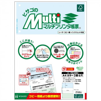 ヒサゴ マルチプリンタ帳票 A4 カラー 3面 6穴 100枚 FSC2082