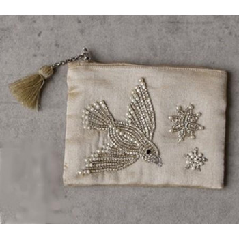 東京かんかん ビーズ鳥刺繍ポーチS ベージュ M42-1680BE