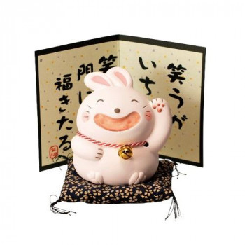 M0378 笑福うさぎ ベージュ 萬古焼置物