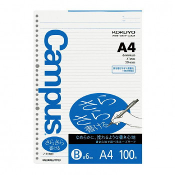 コクヨ キャンパス ルーズリーフ さらさら書ける A4(30穴) 罫幅6mm 100枚 ノ-816BE