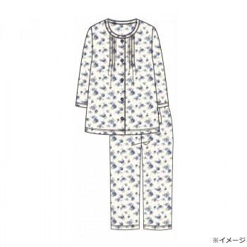 ギャルソンヌ　レディスパジャマ　ブライトドットライン　花柄　ピンタック前開き　7分袖　ネイビー　161666　Lサイズ