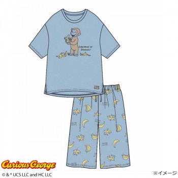 ギャルソンヌ　レディスパジャマ　おさるのジョージ　天竺　半袖・ハーフパンツTスーツ　ブルー　170046　Lサイズ