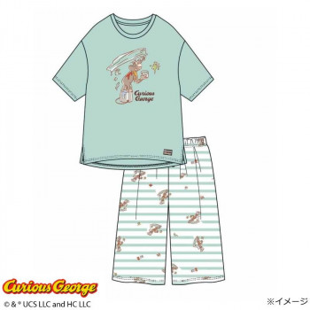 ギャルソンヌ　レディスパジャマ　おさるのジョージ　天竺　半袖・ハーフパンツTスーツ　グリーン　170056　Mサイズ