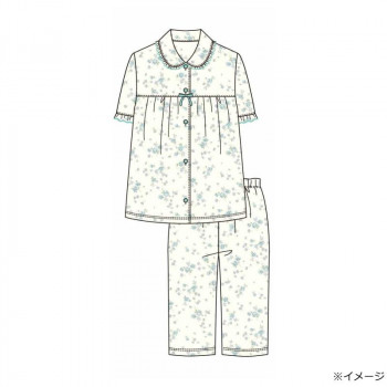 ギャルソンヌ　レディスパジャマ　梨地ジャガード　ガーデンフラワー柄　胸切替　5分袖シャツ　グリーン　171066　Mサイズ