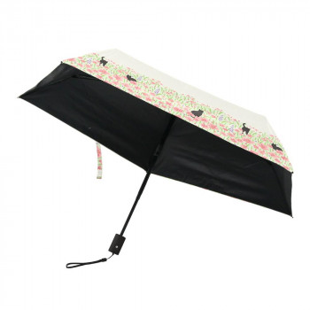 三国 50cm 自動開閉ミニ 晴雨兼用傘 裏ブラックコーティング お花畑と猫 オフ白 S3520401