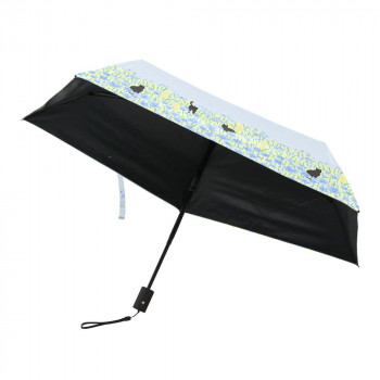 三国 50cm 自動開閉ミニ 晴雨兼用傘 裏ブラックコーティング お花畑と猫 ライトブルー S3520471