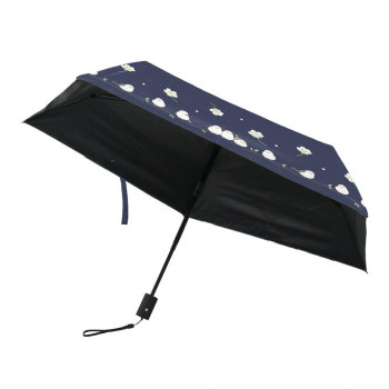 三国 50cm 自動開閉ミニ 晴雨兼用傘 裏ブラックコーティング お花とシマエナガ ネイビー S3520804