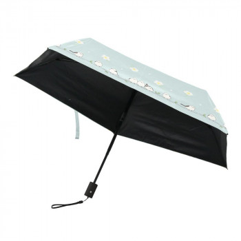 三国 50cm 自動開閉ミニ 晴雨兼用傘 裏ブラックコーティング お花とシマエナガ くすみブルー S3520874