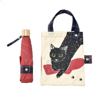 三国 55cm 耐風雨傘ミニ 吸水トートバッグ袋付 黒猫 レッド A2913605