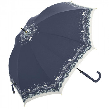 三国 60cm 裏SVコーティング ジャンプ式晴雨兼用傘 猫と音符とレースプリント ネイビー S1712504