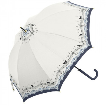 三国 60cm 裏SVコーティングジャンプ式晴雨兼用傘 猫と音符とレースプリント オフ白 S1712501