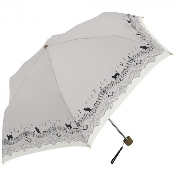 三国 55cm 裏SVコーティング 晴雨兼用傘 耐風楽ミニ 猫と音符とレースプリント グレー S2712503