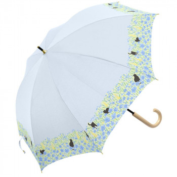 三国 50cm 裏黒PUコーテイング 手開き 晴雨兼用傘 お花畑と猫 ライトブルー S1520471