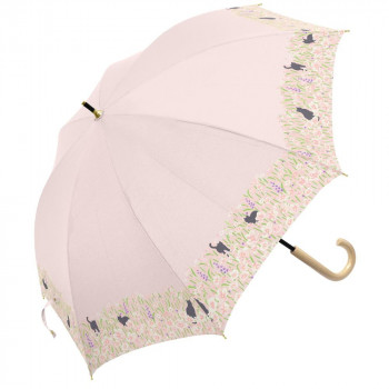 三国 50cm グラスファイバー骨 裏黒PUコーテイング 手開き 晴雨兼用傘 お花畑と猫 ピンク S1520406