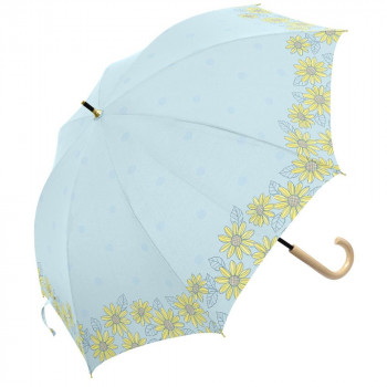 三国 50cm 裏黒PUコーテイング 手開き 晴雨兼用傘 ひまわりと水玉 ライトブルー S1520671