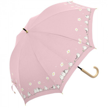 三国 50cm 裏黒PUコーテイング 手開き 晴雨兼用傘 お花とシマエナガ  ピンク S1520806