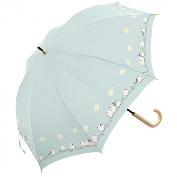 三国 50cm 裏黒PUコーテイング 手開き 晴雨兼用傘 お花とシマエナガ  くすみブルー S1520874