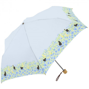 三国 50cm 裏黒コーテイング 晴雨兼用耐風楽ミニ傘 お花畑と猫mini ライトブルー S2520471