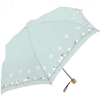 三国 50cm 裏黒コーテイング 晴雨兼用耐風楽ミニ傘 お花とシマエナガmini くすみブルー S2520874