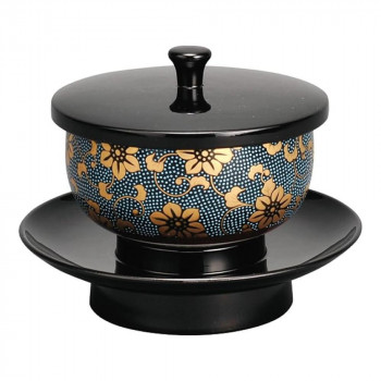 サンメニー 穴あき茶托セット 九谷焼茶碗付 4.2寸 黒/青粒鉄仙 531142017w091