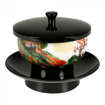 サンメニー 穴あき茶托セット 九谷焼茶碗付 4.2寸 黒/山水 5311420161091