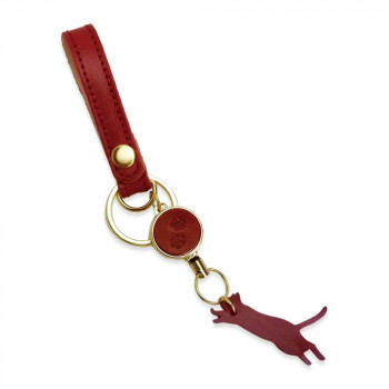 ミャウシェリ キーホルダー キーチャーム リール付 ねこ 栃木レザー ジーンズ レッド M-1004