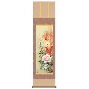 緒方葉水　開運掛軸(尺三)　「四季花吉祥競艶図」 化粧箱入り　MD5-022